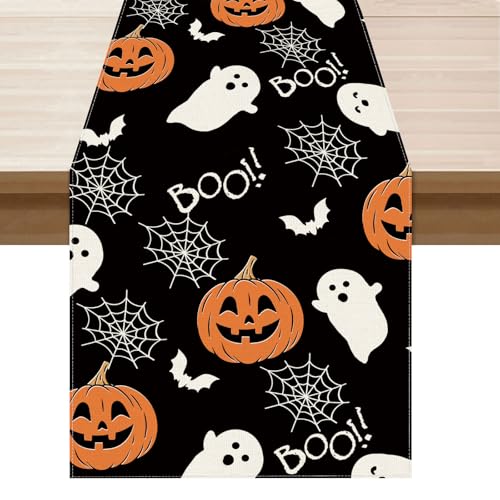 XCHI Boo Spooky Ghost Pumpkin Halloween Table Runner Burlap Table Decoration for Home Kitchen Dining Dinner Indoor Holiday Farmhouse Decor 13x72 Inch