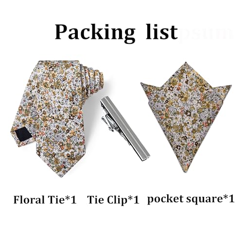 Image of YourTies Cotton Floral Tie for Men 2.5 inch Printed Skinny Necktie Pocket Square Tie Clip Set Flower Wedding Party Groom