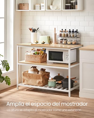 VASAGLE Estante de Cocina con encimera Grande, Estante de microondas de 3 Niveles, Marco de Acero, 60 x 120 x 90 cm, Moderno, fácil instalación, Roble Blanco KKI001W09 - imagen 7