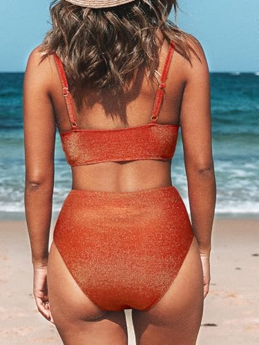 Image of CUPSHE Women's Bikini Sets Two Piece Swimsuit High Waisted V Neck Twist Front Adjustable Spaghetti Straps Bathing Suit
