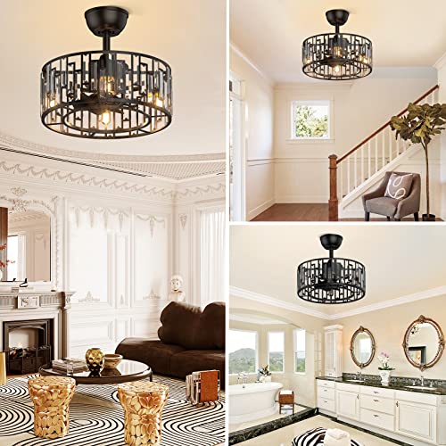Ghicc Caged Ceiling Fan With Light, Small Farmhouse/Industrial Ceiling Fan With Remote Control, Bladeless Ceiling Fan For Living Room, Bedroom, Kitchen, Dining Room, Black, Crystal #TOP6
