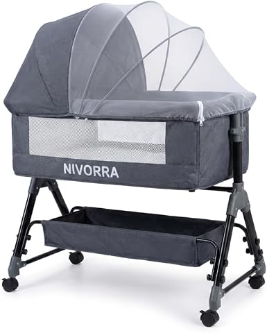 Kids Topia NB-7 Multifunctional Crib Bed, Height Adjustable, with Mosquito Net and Folding Canopy, Bottom Storage Basket and Rolling Wheels