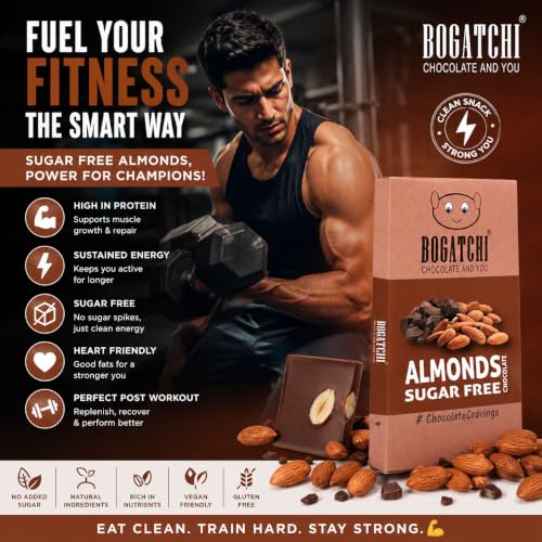 Image of BOGATCHI Almond Sugar Free Dark Chocolate Bites (15 Pcs) | Healthy Roasted Almond Chocolate Squares | Zero Sugar Premium Diabetic Friendly Snack & Gift Box | Vegetarian 80g