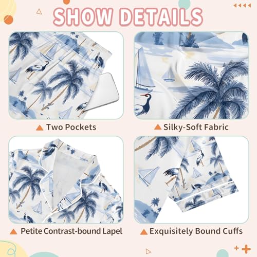 senya Blue Palm Tree Sailboat Crane Satin Summer Pajama Sets Silk Short Sleeve Button Down Sleepwear3