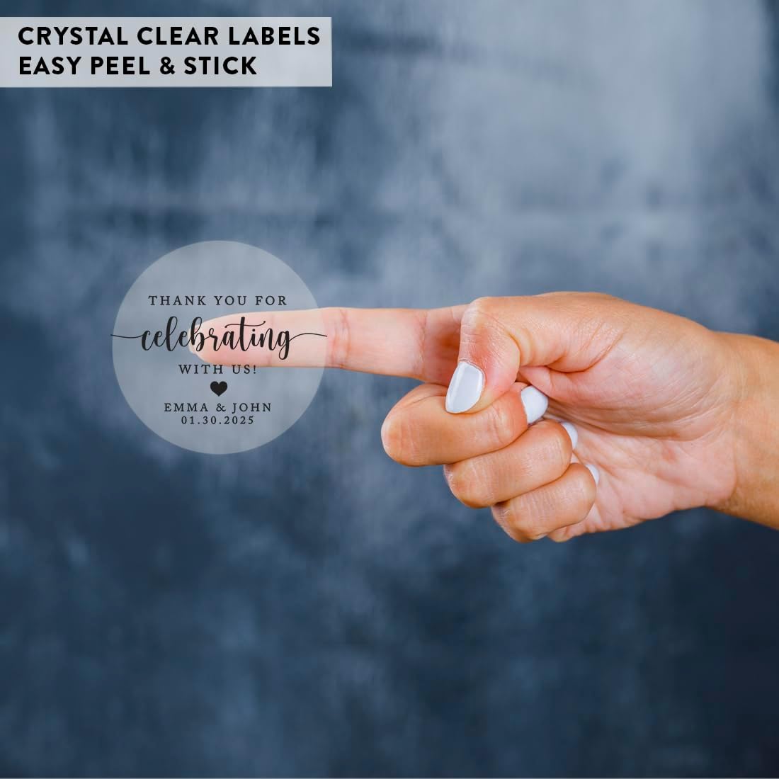 Andaz Press 2" Round Clear Personalized Wedding Sticker Labels Custom Script Thank You For Celebrating With Us Sticker, Vinyl Personalized Stickers For Wedding Favors, Thank You Stickers, Bulk 40-Pack
