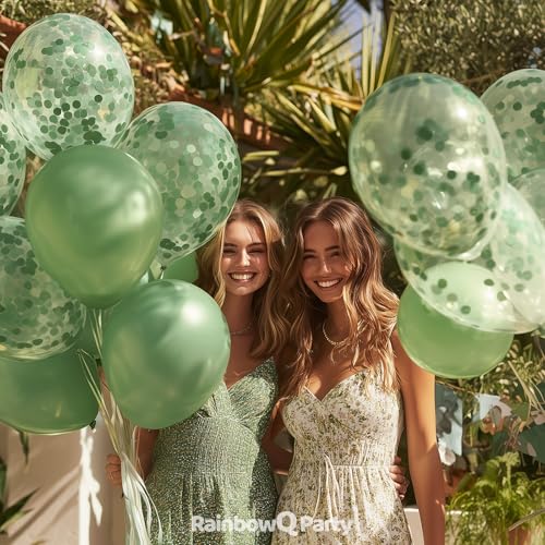 Image of RainbowQ Sage Green Latex Balloons: 55Pcs 12 inch Olive Green Confetti Party Balloons Helium Latex Balloon Ribbons for Birthday Anniversary Graduation Wedding Decoration