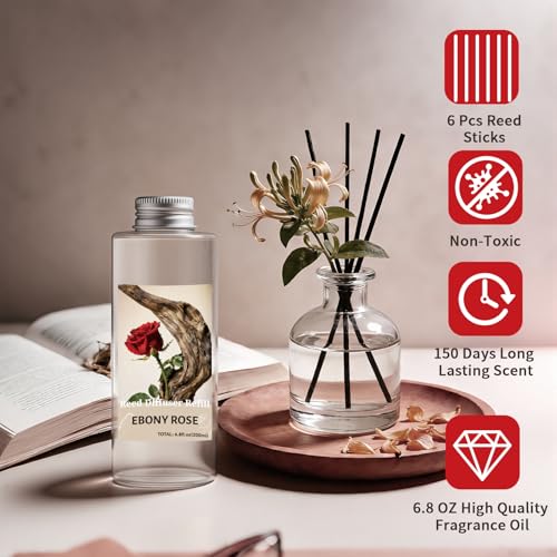 Image of STRN Reed Diffuser Oil Refill, Ebony Rose Scented Diffuser Oil Refills with 6 Reed Sticks 200ML(6.8fl.oz), Room Fresheners for Home, Long-Lasting Summer Fragrance for Living Room, Bedroom, Office
