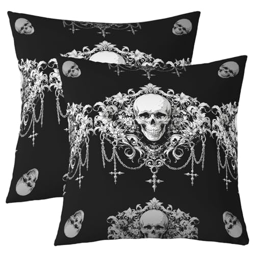 Homewish Housse de Coussin Lot de 2 Gothique Housse Coussin 45x45 Enfants Adolescents Adultes Goth Sugar Skull Taie d'oreiller Brocart Noir et Blanc Taie Oreiller Bohème Vintage Fleurs Chambre Canapé