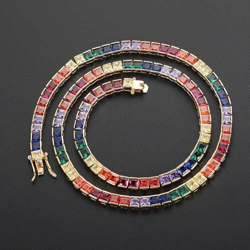 Rainbow Gemstone Tennis Chain Necklace for Men Women Hip Hop Jewelry Gift Gold Silver 16 18 20 22 24 Inches 4mm Colorful Square Zirconia Tennis Chain2