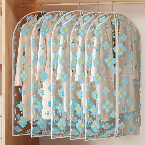 5 Pack Clear Garment Bags for Hanging Clothes with Zipper, Hanging Clothes Bag PVC Thickened Fabric, Dustproof and Moisture-proof, Vertical Compression Storage(Blue,60x140cm/24x55in)