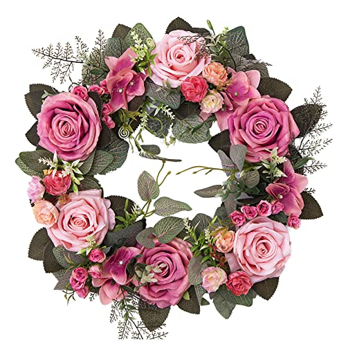 Plcnn 45cm Artificial Rose Wreath, Spring Summer Floral Wreaths Eucalyptus Wreath for Front Door Home Garden Window Decor