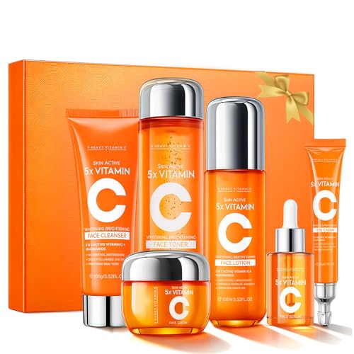 Pack Cuidado Facial Vitamina C 6 Piezas,Rutina Facial Completa Hidratante e Iluminadora,Sérum Vitamina C,Crema Facial,Limpiador, Tónico,Contorno de Ojos y Loción,Antiarrugas y Luminosidad