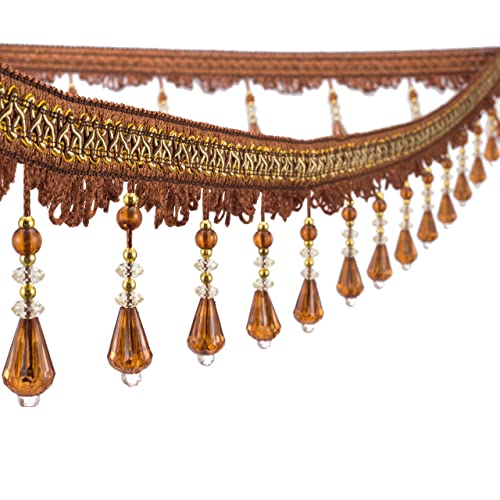 Yalulu 4 Yards Boho Style Deep Coffee Beaded Fringe Trim Polyester with Beaded Accents Perfect for Home Decor & DIY Projects