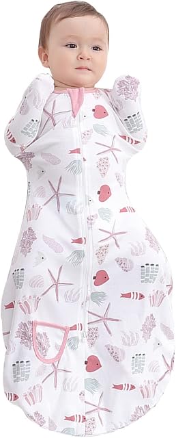 ZIGJOY Baby Swaddle Transition Sleeping Bag with Arms Up Cotton Baby Wearable Blanket with 2-Way Zipper Lightweight Newborn Swaddle for 3-6 Months Boy Girl Infant Coral