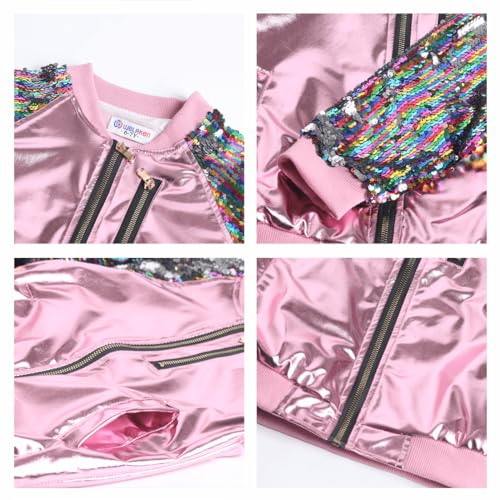Image of WELAKEN Girls Sequin Sparkle Zip Bomber Jacket | Sequin sleeves, shiny bomber style, ribbed trim, smooth zipper and side pockets for party, dance, school and photos
