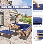 DORTALA Patio Dining Set for 8, Acacia Wood Outdoor Sectional Sofa Set with Table, 6 Sofas, Bench, Cushions for Backyard Poolside Deck, Navy
