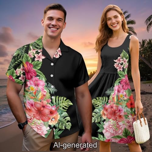 Image of Dreaweet Summer Dresses for Women A-Line Sleeveless Flowy Sun Dresses,Men's Casual Button-Down Shirts,Couple Matching Outfits