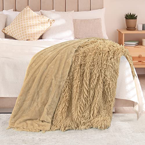 Toonow Soft Fuzzy Faux Fur Throw Blanket,50"X60",Reversible Lightweight Fluffy Cozy Plush Fleece Comfy Furry Microfiber Decorative Shaggy Blanket For Couch Sofa Bed,Khaki #TOP4