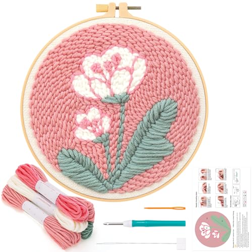 JSRQT Kit para Principiantes para Bordar，Bricolaje Kit de Bordado con Aguja Perforada,Herramienta de Punto de Cruz con Aro,Punch Needle Kits de Inicio para Adultos Niños(Flores Rosas)