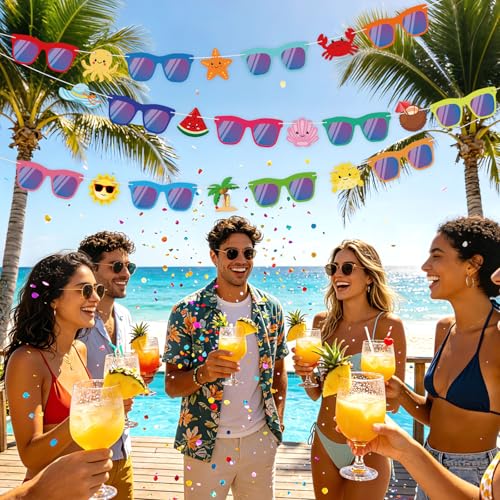 Image of Hooqict Summer Party Banner Decorations Colorful Sunglasses Banner Garland Sign for Summer Vacation Party Decorations Tropical Luau Beach Pool Birthday Decoration Supplies