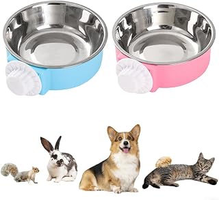 2Pcs Pet Crate Bowls, 2-in-1 Pet Hanging Bowls for Crates & Cages, Removable Stainless Steel Dog Water Food Bowls with Plastic, Non Spill for Puppy Small Dog Cat (Large)