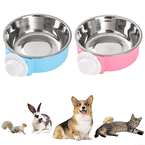 2Pcs Pet Crate Bowls, 2-in-1 Pet Hanging Bowls for Crates & Cages, Removable Stainless Steel Dog Water Food Bowls with Plastic, Non Spill for Puppy Small Dog Cat (Large)