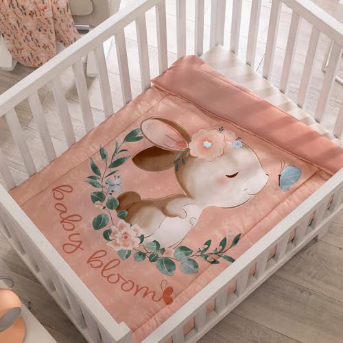 Vianney Baby Little Bunny Crib Comforter Set – 3-Piece Light Pink Bedding with Floral Bunny Design, Includes Duvet, Pillowcase, and Crib Sheet