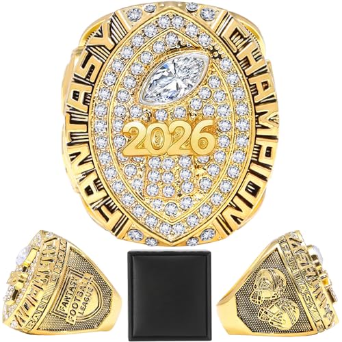 LANGE HOME 2026 Fantasy Football Ring 2026 Fantasy Football Championship Ring with High-Grade Gift Box League Champion Trophy Rings Premium Award for Winner