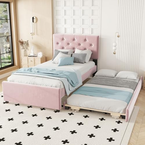 PUGSDRLY Lit 1 Place 90x200cm avec lit Gigognes 90x190cm,Lit Capitonné avec Sommier à Lattes et Velours,Design Moderne et Minimaliste,sans Matelas (Rose, 90)