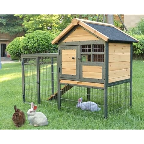 Rockever Rabbit Hutch Outdoor 2 Story Bunny Cage, Waterproof Rabbit Hutch with Metal Frame Guinea Pig Cage with Removable Pull Out Tray for Guinea Pig, Rabbit Cover