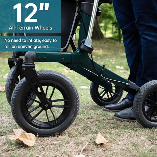 Image of ELENKER All-Terrain Rollator Walker with Non-Pneumatic Tire 12 inch Front Wheels, Compact Folding Design for Seniors, Green