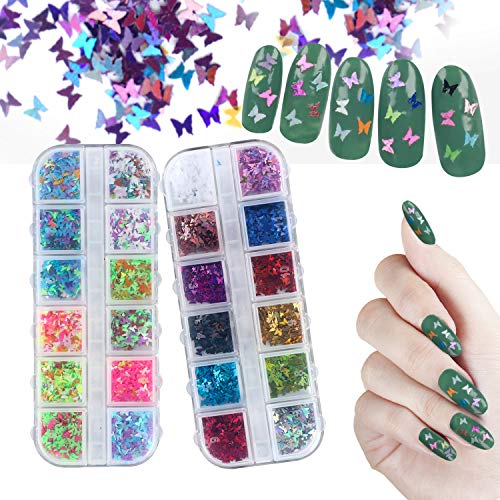 24 Colors Butterfly Glitter Nail Sequins,3D Holographic Nail Art Flakes Colorful Confetti Glitter Sticker Decals Laser Acrylic Paillettes for Nail Art Decoration & DIY Crafting (style 3+6)