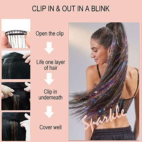 Extensiones de cabello brillo holográfico de 47" dorado resplandeciente, profesional, resistente al calor, accesorios para cabello, 6 piezas con clip, kit brillo rosa para fiestas y regalos para niñas miniatura 3
