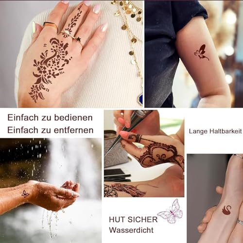 AMSNINK Henna Tattoo Set - 3x Braun Henna Paste Mit 44 Schablonen, Henna Braun Sommersprossen, Henna Farbe, Für Temporäre Tattoos