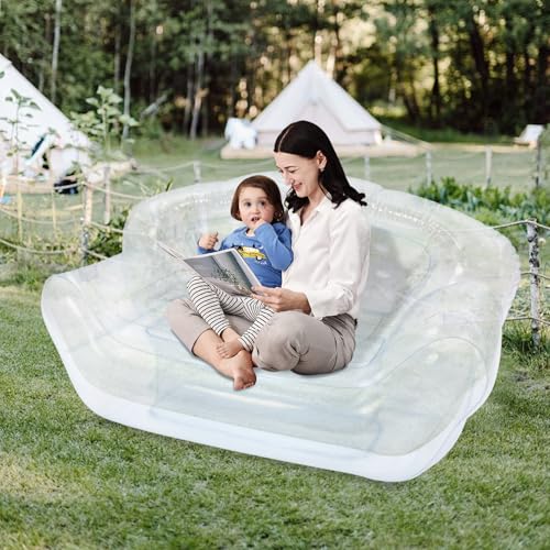 Image of Transparent Clear Inflatable Sofa Seat Couch, Twin Size Air Mattress Inflatable Sofa, Double Inflatable Chair Air Sofa, Portable Blow Up Couch for Indoor, Outdoor, Camping, Beach, Patio, Yard