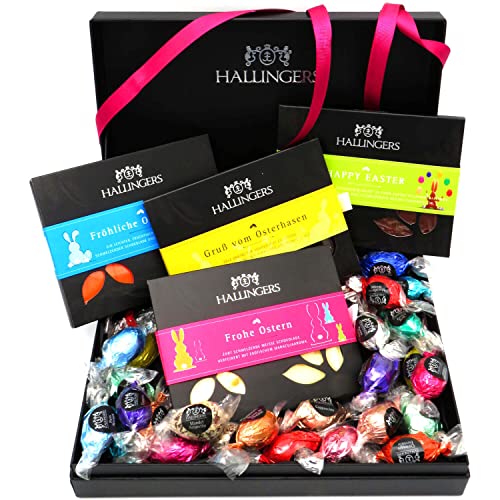 Hallingers Oster-Geschenk-Set 4 Schokolade, 40 Trüffel/Ostereier für Ostern in edler Box (1000g) - Easter Box Pink…