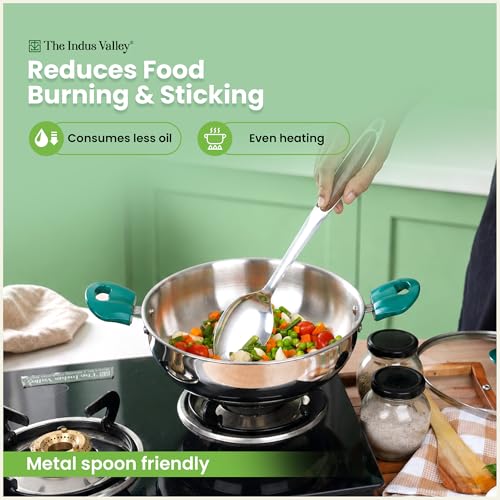 Image of The Indus Valley Stainless Steel Impact Bonded Kadai 2.4 litres | Even Heating Cookware | Induction-Friendly | Heat-Resistant Handle | 100% Toxin-Free | Suitable for Gas & Induction Cooking