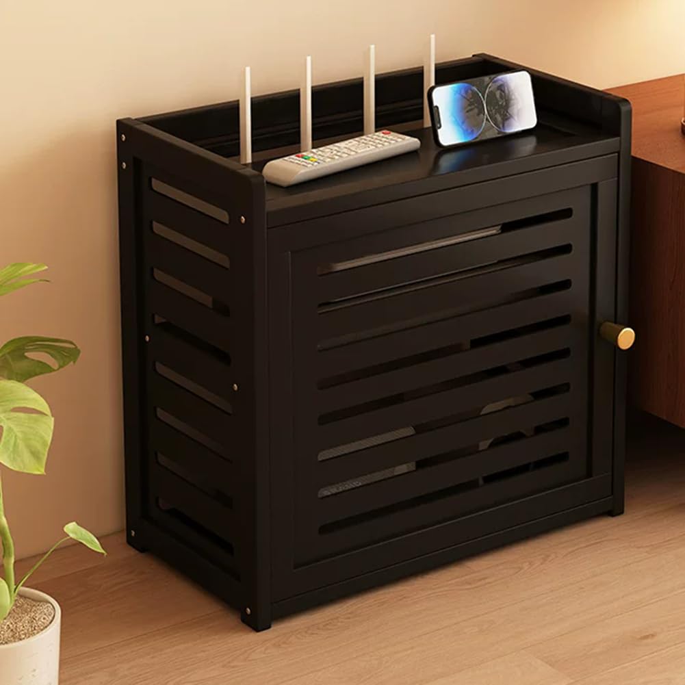 HEFJIAYCIQ Wooden Router Storage Box, Decorative Modem Wifi TV Set-Top Shelf, Power Strip Cable Management Hider Rack,Black,30.5x20x28cm