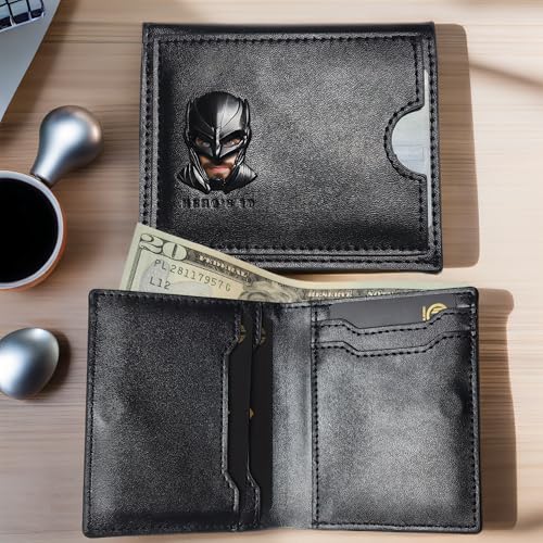 Leather Bat Wallet for Men Valentines day gift for him Personalized Gift for Husband Unique Birthday Holiday Gifts Best for Anniversary | Hero ID with 3D Metalic Superhero Mask (Bifold - 3D Mask)3