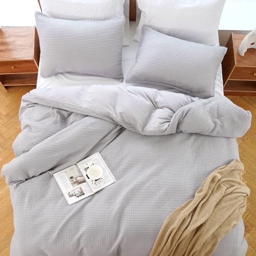 Valuxe Duvet Cover Set King Size 100% Cotton,Light Gray Waffle Weave Soft And Breathable 3 Pcs Bedding Set  thumb #6