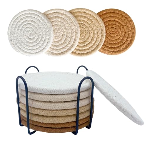 8 Pcs Drink Coasters with Holder, Coasters for Coffee Table, Absorbent Coaster Set for Living Room Decor Tabletop Protection, Coaster Set 4 - Color Cup (Brown Mix)