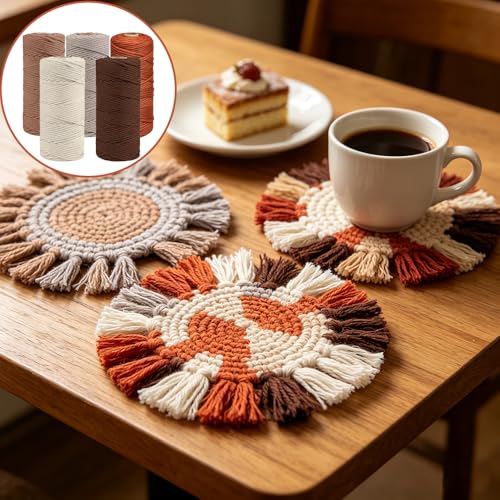 Mockotta 5 Stück Makramee Garn, 5 Farben (Mokkabraun, Hellbraun, Ziegelrot, Gebrochenes Weiß,Dunkelbraun) 3mm x 50m Macrame Cord, Weich & Stabil, Perfekt für Wandbehang, Pflanzenhalter, DIY Handwerk – Bild 5