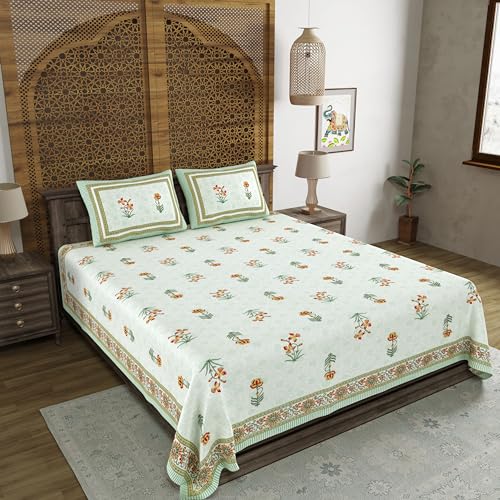 Image of BLOCKS OF INDIA Hand Block Printed 200 TC Cotton King Size Bedsheet (Green RED Flower)