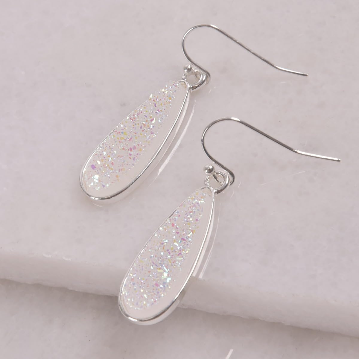 Teardrop Dangle Earrings for Women with Simulated Druzy Stones, in Gold, Rose Gold, or Silver Tone - Image 9