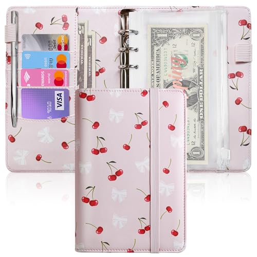 Image of A6 Budget Binder for Money Saving, PU Leather Budget Planner with 8 Cash Envelopes, Budget Sheets & Rose Gold Category Stickers, Money Organizer for Cash (Pink Cherry)