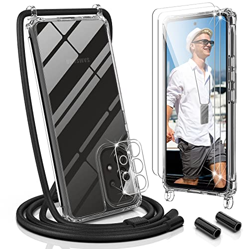 UYMO Handykette Hülle Kompatibel mit Samsung Galaxy A53 5G - mit 2 Stück Schutzfolie und kameraschutz Glas Stylische Necklace Schutzhülle mit Band Handyhülle zum Umhängen Kordel TPU Case,Schwarz Cover