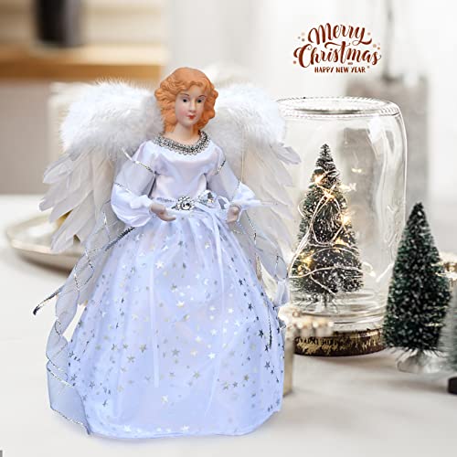 Monthers Day Gift Angel Christmas Tree Topper Ornament With White Feather Wings, Xmas Trees Topper Star Decor For Home Holiday Party Christmas, 12 Inch Tall #TOP6