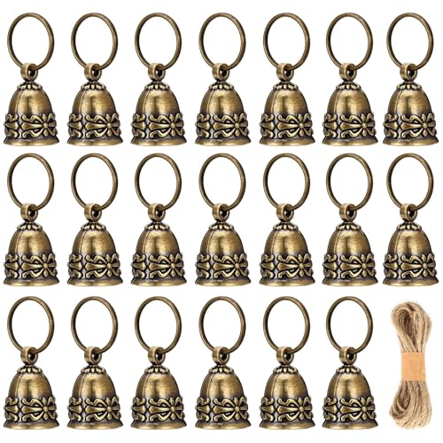 20 Pcs Small Pure Copper Bells Handmade Vintage Brass Hanging Craft Bells Craft Bell for Door Celebration or Christmas Decoration (Fine Hemp Rope Included)