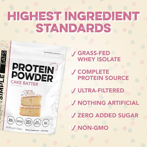 Image of Clean Simple Eats Whey Isolate Protein Powder, Cake Batter, Naturally Sweetened, Zero Added Sugar, 20g 100% Grass Fed Protein Powder with Digestive Enzymes, Gluten Free, Non GMO, 30 Servings