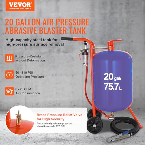 VEVOR Mobiles Sandstrahlgerät 75,7 L Sandstrahlanlage ca. 244 cm Arbeitsschlauch Sandstrahler 60–110 PSI Arbeitsdruck ideal zum Entfernen von Rost, Farbe, Flecken und das Polieren großer Flächen